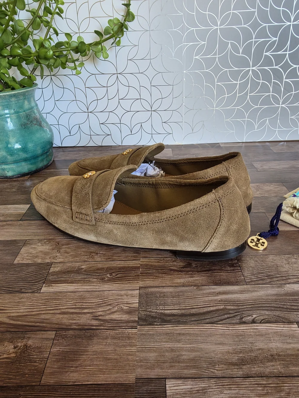 Tory Burch Brown Suede Penny Loafers with Gold Logo